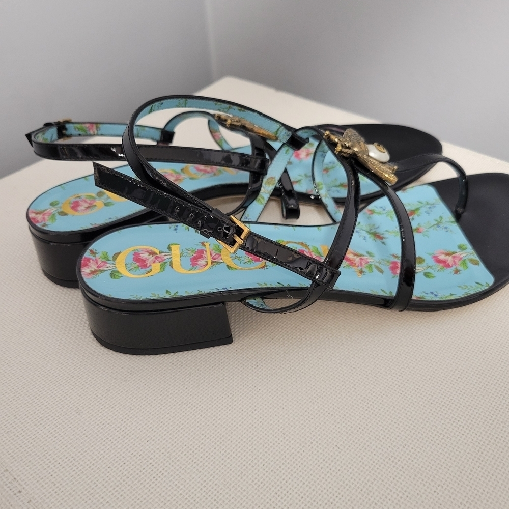 Gucci Black Sandals with Gold Bee Detail - Picture 3 of 8